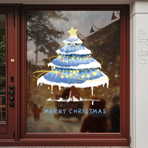 Christmas Tree Window Static Cling Stickers Double Sided Blue Snowflake Star Glass Door Decals Holiday Shop Decor