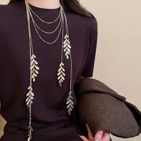 Multi Layer Lange Halskette Legierung Eisen Blatt Anhänger Pulloverkette Boho Mode Schmuck Für Damen