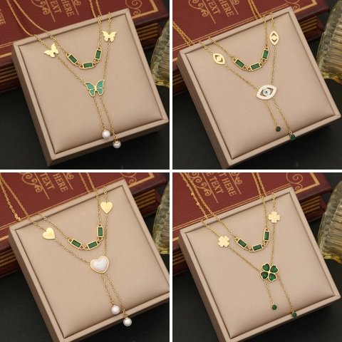 Double Layer Necklace Stainless Steel Gold Plated Emerald Green Rectangle Stone Butterfly Heart Evil Eye Women Jewelry