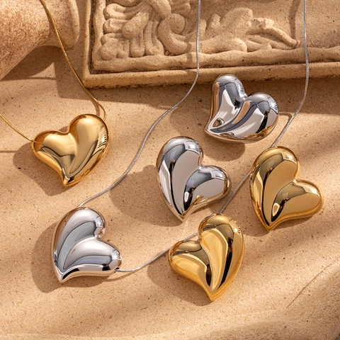 Titanium Steel Puffy Heart Necklace Earrings Jewelry For Women Luxury Mirror Polish Metallic Design Accessories Fashion