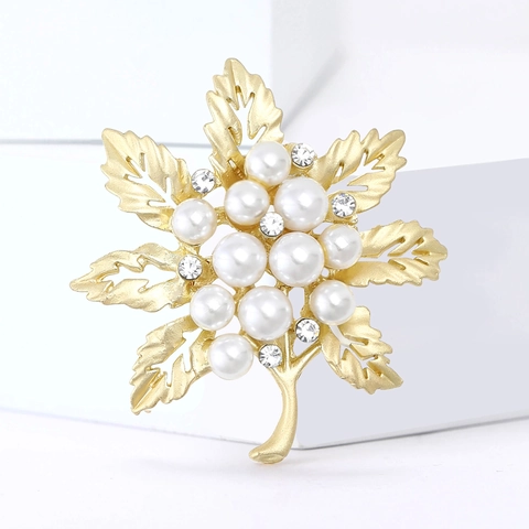 Elegante Broche De Hoja Aleación Con Imitación Perla Artificial Y Diamantes De Imitación Para Mujer Traje Abrigo Acabado Mate