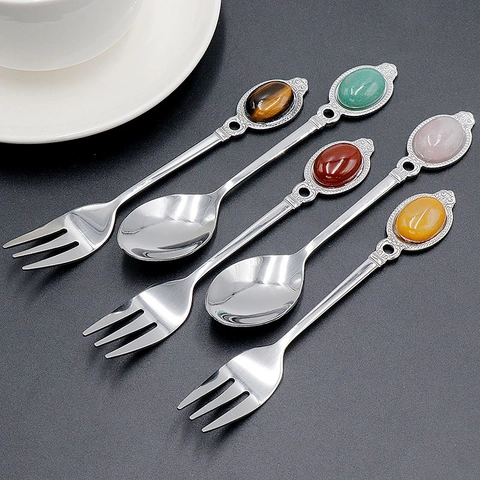 Vintage Stainless Steel Coffee Spoon Dessert Fork With Natural Crystal Agate Gemstone Inlay Handle Retro Carving Pattern