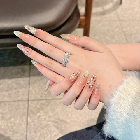 Press On Nails Handmade Cat Eye Long Almond Nude Pink Gold Glitter French Fireworks Hand Painted Rhinestones Women