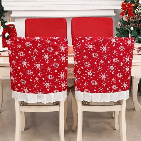 Fundas Para Respaldo De Silla De Navidad Rojo Blanco Copo De Nieve Borde Con Volantes Tela Decoración De Fiesta