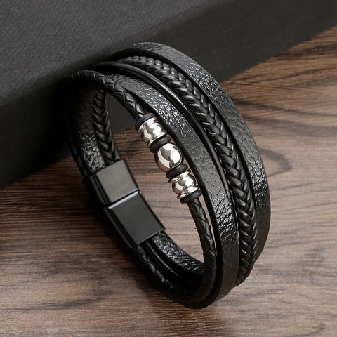 Mehrlagiges Geflochtenes PU Lederarmband Mit Edelstahlperlen Magnetverschluss Punk Rock Mode Armband Für Herren