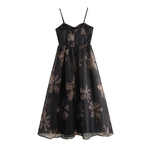 Abito Con Spalline Stampa Floreale Retro Francese Schiena Scoperta Vita Alta Organza Linea A Swing Senza Maniche Elegante
