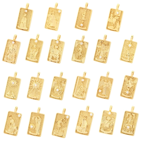 Pendente Carta Dei Tarocchi Rettangolare Rame Placcato Oro Zircone Divinazione Fede DIY Accessorio Gioielli
