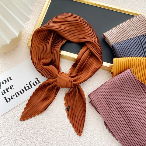 Pleated Crinkled Small Square Scarf Solid Color Polyester Fashion Professional Neck Tie Hair Accessory For Women