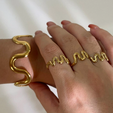 Minimalist Wave Geometric Bracelet And Ring Stainless Steel 18K Gold Plated Open Cuff Bangle Jewelry For Women