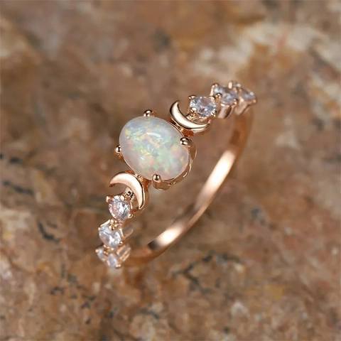 Vintage Oval Moonstone Opal Ring Sun And Moon Design Copper Zircon Bohemian Celestial Jewelry For Women