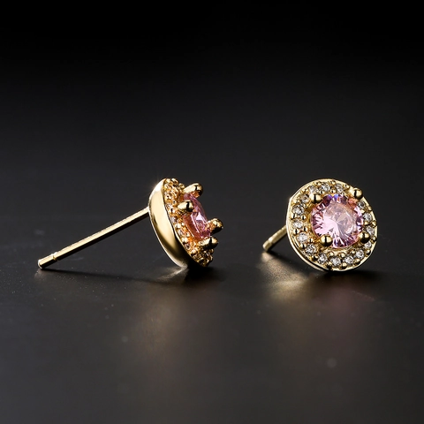 Round Halo Stud Earrings With Copper Earring Post 18K Gold Plated Zircon Geometric Retro Jewelry For Women