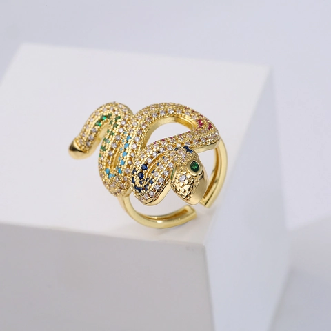 Schlangenring Kupfer Vergoldet Mehrfarbige Zirkonia Verstellbar Luxus Geometrischer Schmuck Damen