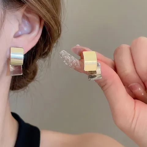 Geometric Square Stud Earrings With Silver Earring Post Two Tone Gold Silver Mirror Polished Minimalist Jewelry For Women