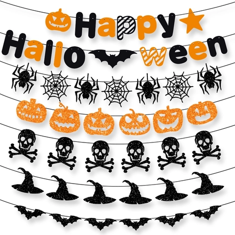 Banner Di Halloween Ghirlande Carta Glitterata Lettere Happy Halloween Zucca Pipistrello Teschio Cappello Da Strega