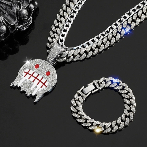 Gioielli Hip Hop Lega Strass Ciondolo Fantasma Ghiacciato Collana Catena Cubana E Bracciale Uomini Donne
