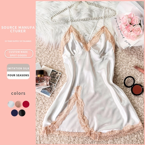Damen ImitationsSatin Satin Nachthemd Sexy Spitze V-Ausschnitt Seitenschlitz Rückenfrei Schlafanzug Chemise Nachtwäsche