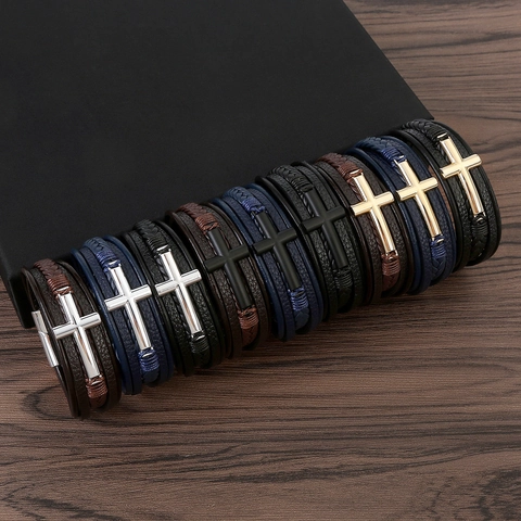 Men Multi-Layer Braided Leather Bracelet Alloy Cross Pendant Magnetic Clasp Punk Retro Religious Jewelry