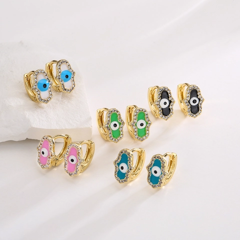 Boucles D'Oreilles Hamsa Hand Evil Eye Huggie Hoop Cuivre Plaqué Or Émail Zircon Pour Femmes Style Ins