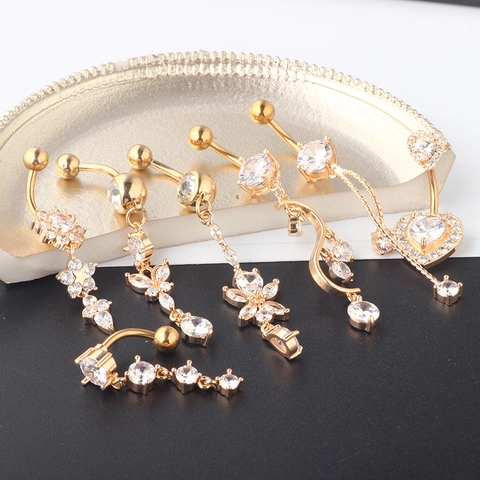 Stainless Steel Rhinestone Belly Button Rings For Women Heart Butterfly Flower Tassel Dangle Navel Piercing Jewelry Collection