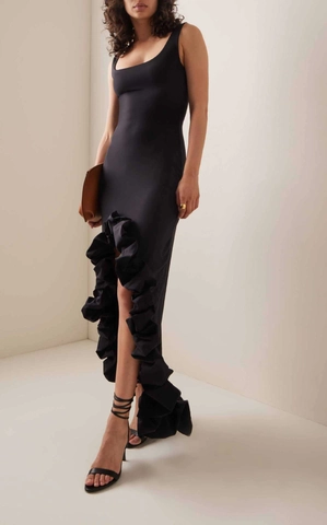 Maxi-Jurk Met Ruches Onregelmatige Zoom Mouwloos U-Hals Bodycon Polyester Sexy Avondfeest Slanke Pasvorm