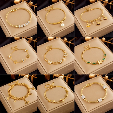Butterfly Artificial Pearl Flower Bracelet Gold Plated Stainless Steel Snake Chain Adjustable Zircon Jewelry For Women Elegant