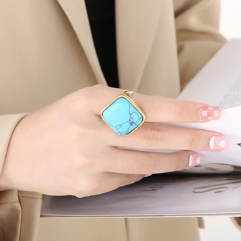 Square Geometric Signet Ring Stainless Steel Gold Plated Mother Of Artificial Pearl Turquoise Statement Jewelry For Women