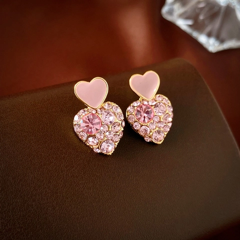 Boucles D Oreilles Double Coeur En Alliage Strass Rose Avec Tige En Argent Sterling 925 Bijoux Style Doux Et Romantique