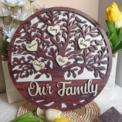 Family Tree Wood Sign Decorative Plaque With Heart Tags And Marker Pen For Home Decor Gift Grandma Grandkids Display