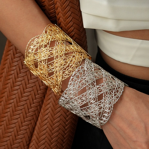 Brazalete Ancho De Cobre Malla Tejida Hueca Retro Diseño Abierto Geométrico Joyería Elegante Para Mujeres