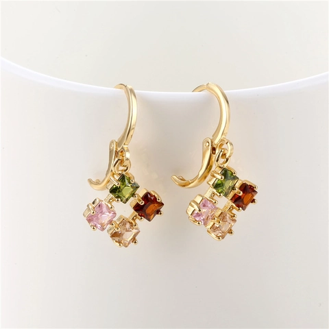 Bunte Quadratische Zirkonia Hängeohrringe Mit Silver Earring Post 18K Vergoldet Geometrischer Modeschmuck Für Damen