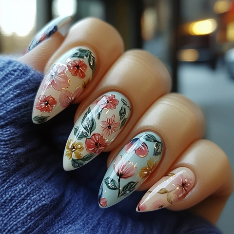Almond Press On Nails Hand Painted Watercolor Floral Pattern Gold Outline Elegant False Nail Tips For Women Manicure