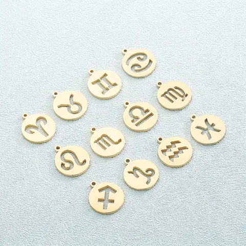 Doce Signos Del Zodíaco Charms Acero Inoxidable Redondo Hueco Símbolos Colgantes Para DIY Fabricación De Joyas Pulseras