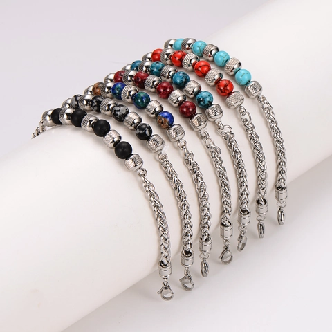 Bracciale Da Uomo Con Perline Acciaio Inossidabile 304 Catena Intrecciata Con Perle In Pietra Naturale Regolabile