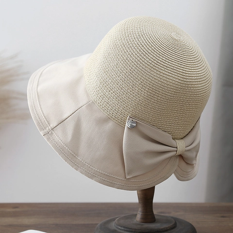 Cappello Da Sole Donna Paglia Tessuto Patchwork Tesa Larga Grande Fiocco Estate Spiaggia Elegante Stile Francese