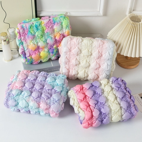 Bolsa de Cosméticos de Tela de Palomitas de Maíz con Textura de Burbujas 3D Arcoíris Degradado Gran Capacidad Viaje Mujer