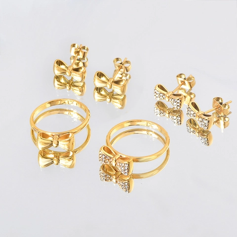 Fashion Titanium Steel Bowknot Ring And Stud Earrings Set Elegant Inlaid Rhinestone Gold Jewelry Set For Women Party Gift
