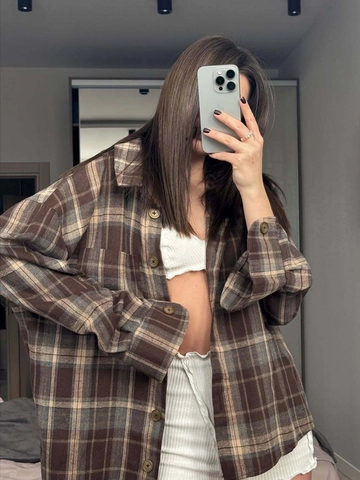Damen Kariertes Langarmhemd Baumwollmischung Übergroß Geknöpft Retro Lässig Lockere Bluse Mit Tasche