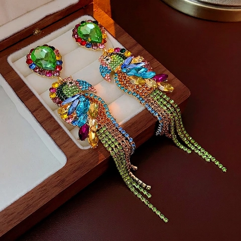 Parrot Shape Multi Colored Rhinestone Tassel Drop Earrings With 925 Sterling Silver Earring Post Exaggerated Jewelry For Women