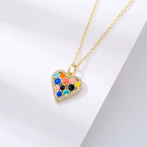 Collier Pendentif Cœur Papillon Cuivre Plaqué Or 18K Émail Coloré Zircon Chaîne Clavicule Mignon Pour Femmes