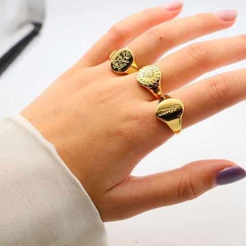Anello Sigillo Sole Foglia Acciaio Inossidabile Placcato Oro 18K Regolabile Gioielli Dito Stile Vintage Per Donne