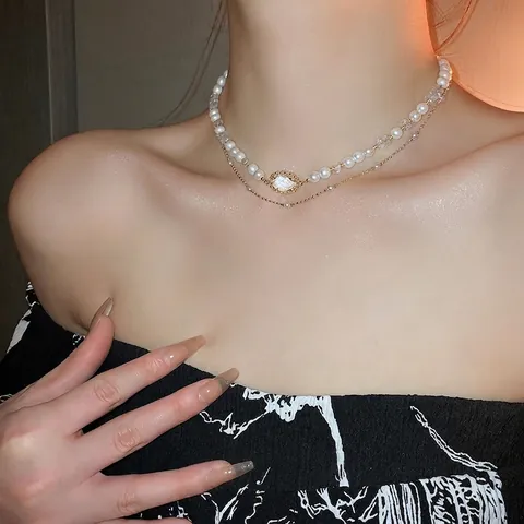 Französische Vintage Doppellagige Halskette Mit Imitationsperlen Und Rosa Kristall Legierung Elegante Krone Anhänger Für Damen