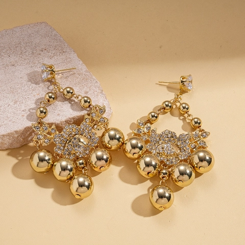 Pendientes De Araña Retro Con Flor Circonita Y Diamantes De Imitación Con Poste De Plata Borla De Bola Dorada Para Mujer