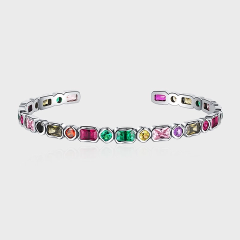 Bracciale Rigido Aperto S925 Argento Sterling Rétro Francese Donna Multicolore Geometrico Zirconia Intarsiato Bracciale