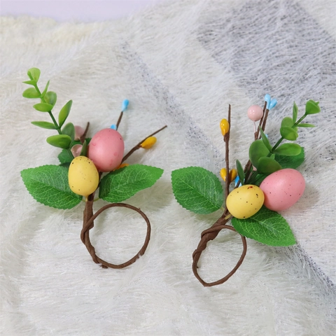 Ronds De Serviette Œuf De Pâques Feuilles Eucalyptus Artificielles Baies Mousse Colorées Déco Table Printemps Fête