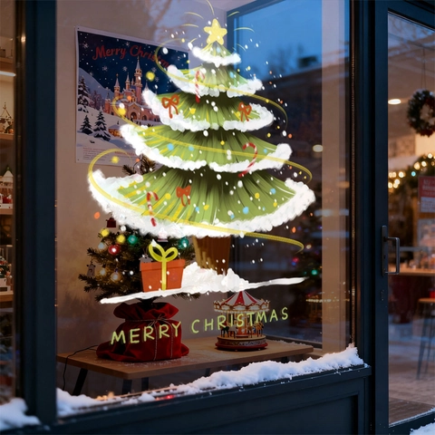 Christmas Tree Window Static Sticker PVC Glue Free Double Sided Snowflake Glass Door Festive Decoration Reusable Removable