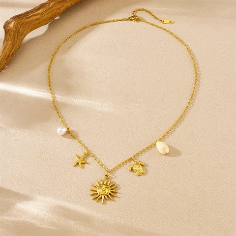Collar De Acero Inoxidable Chapado En Oro Con Colgantes Sol Cara Tortuga Estrella De Mar Concha Perla Artificial Océano Para Mujer