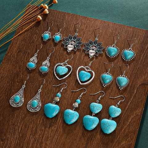 Boucles Doreilles Pendantes Ethniques Bohémiennes Alliage Faux Turquoise Pierre De Lune Cœur Vintage Acier Inoxydable