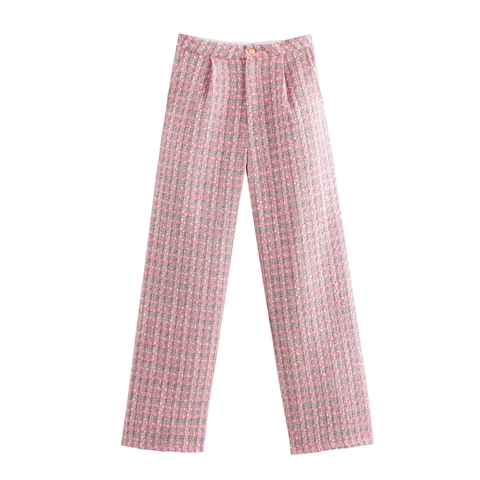 Pantalones De Pierna Ancha De Tweed Para Mujer Rosa A Cuadros Cintura Alta Pantalones Rectos Informales Botón