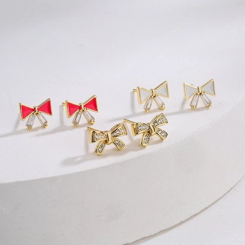 Bowknot Stud Earrings Copper Gold Plated Micro Inlaid Zircon Enamel Elegant Chic Jewelry Gift For Women