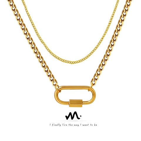 Lagenhalskette Titanstahl Gold Karabiner Anhänger Ovaler Verschluss Panzerkette Industrieller Minimalistischer Damenschmuck